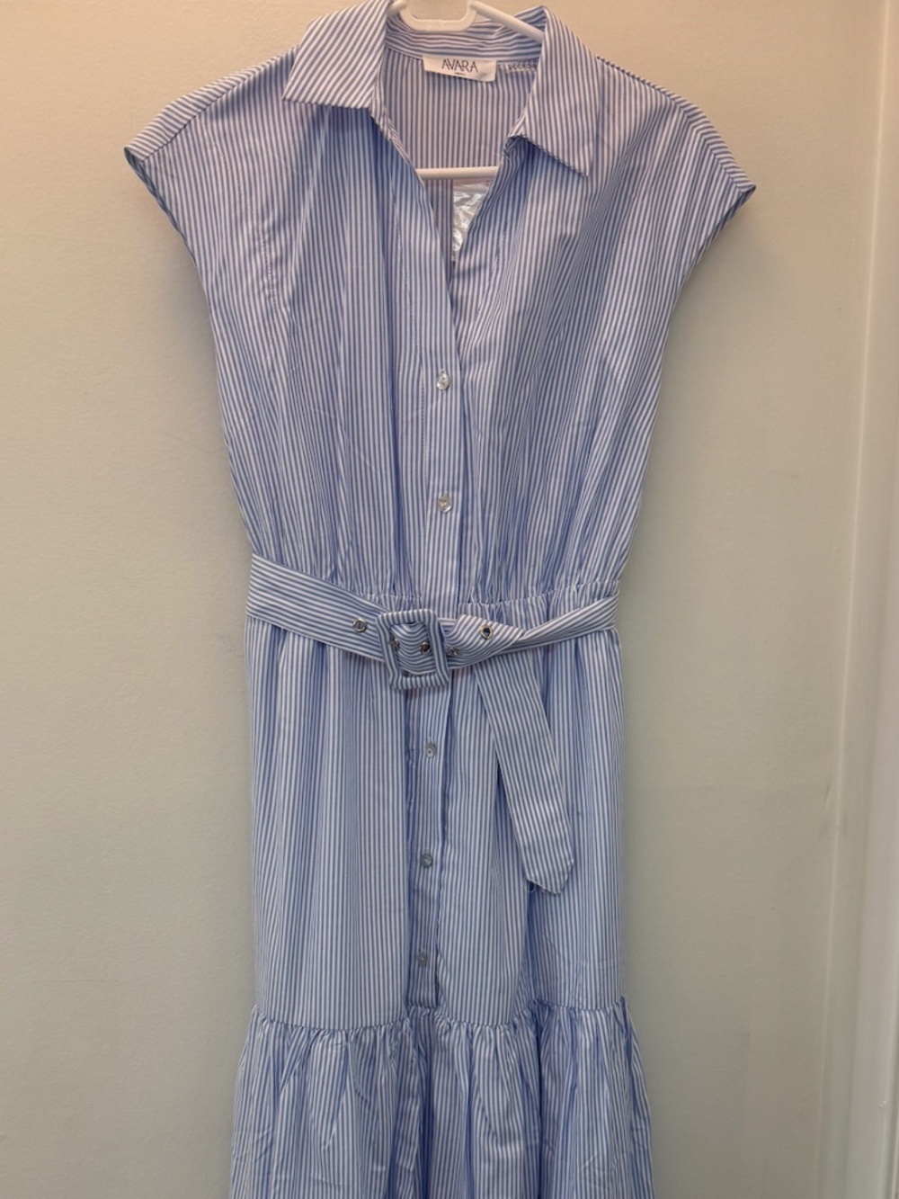 AVARA "Christiana" Blue & White Striped Tiered Midi Shirt Dress—Size Small—NWT
